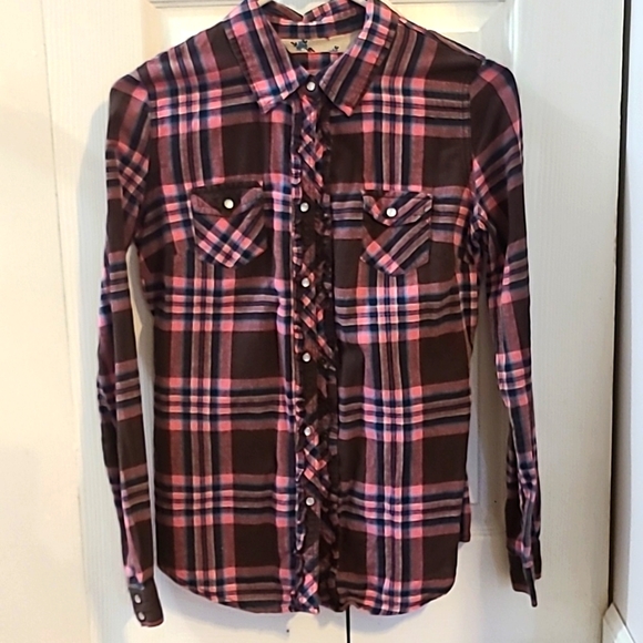 Arizona Juniors size Small pink and brown western style button up shirt. - Picture 1 of 1